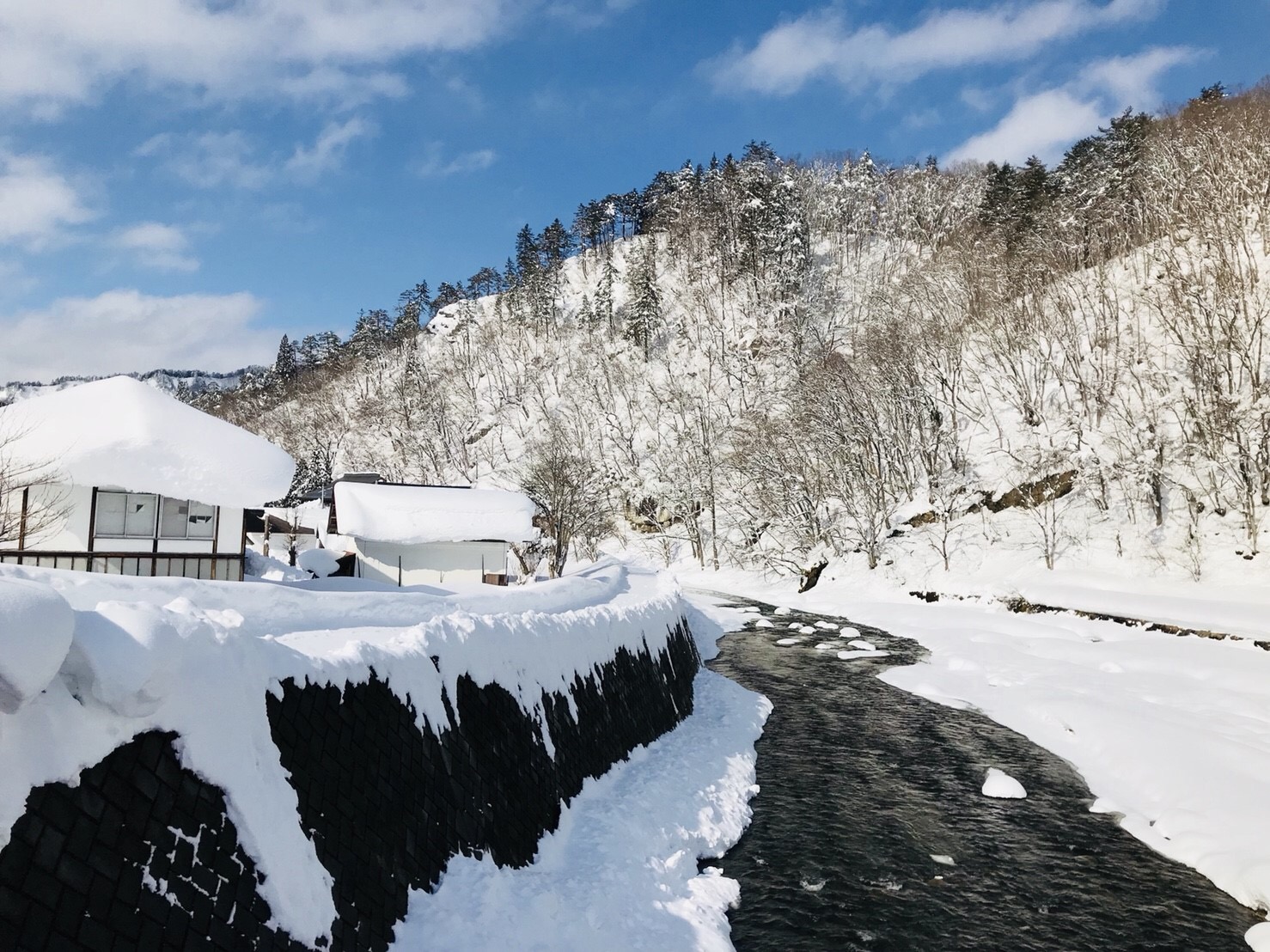 冬の昭和村野尻川の雪景色